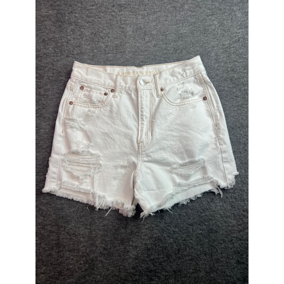 American Eagle Outfitters Pants - American Eagle 90s Boyfriend Shorts White Distressed Denim Raw Hem Size 2
